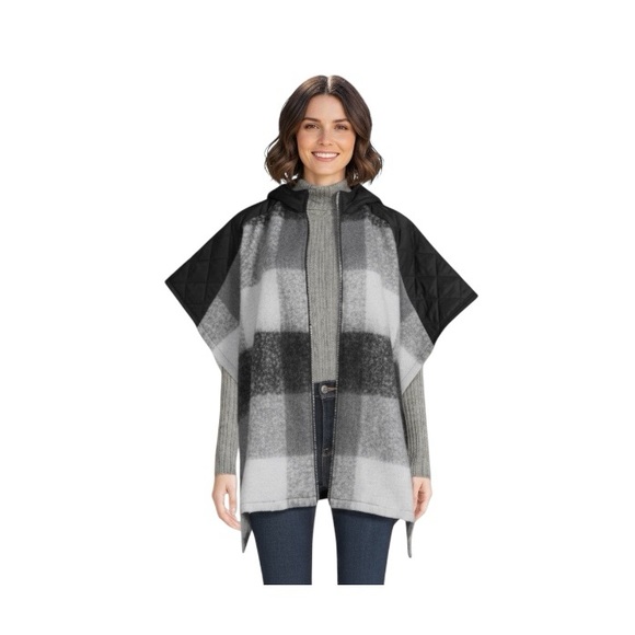Time And Tru Plaid Hooded Zipper Poncho Sweater - Picture 1 of 11